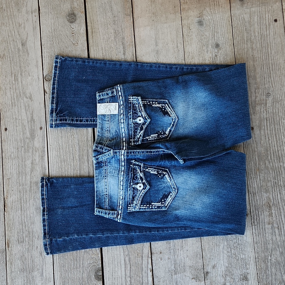 Premium Vanity Size 26 x 33L Original Bootcut Rhinestone Pocket Jeans Dark Wash - Picture 7 of 7